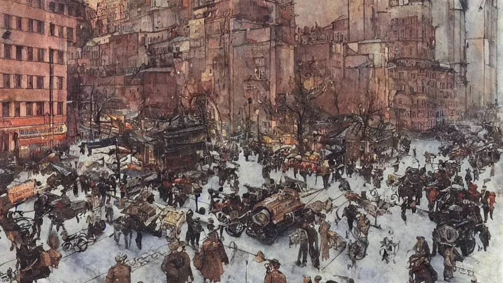 Prompt: russian revolution dieselpunk 1 9 1 0 cityscape, painting by carl larsson