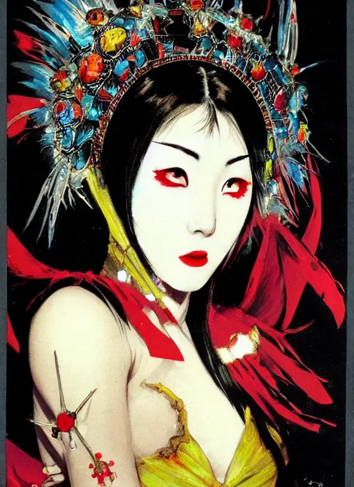 Image similar to female korean vampiress, jeweled headdress, heavy mascara, strong line, saturated color, beautiful! coherent! by frank frazetta, high contrast, minimalism