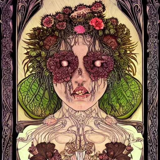 Image similar to a beautiful detailed front view portrait of a rotten woman corpse with fractal plants and fractal flowers and mushrooms growing around, symmetrical, ornate, ornamentation, illustration, in the style of art nouveau, mucha