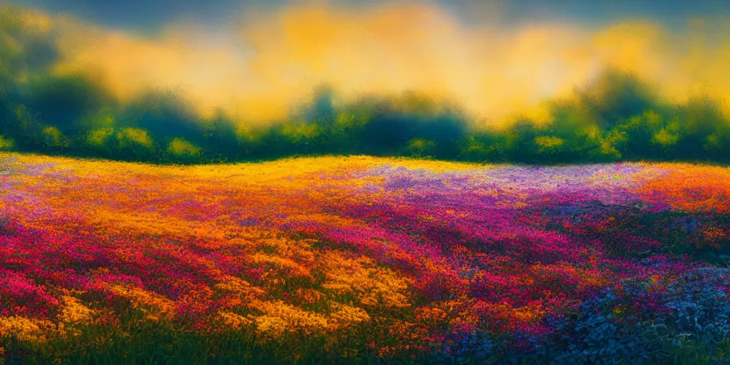 Prompt: abstract landscape, flowers field. golden hour. pastel colors. matte painting, 4k