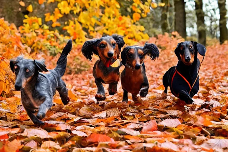 Image similar to dachshunds running towards the camera in the autumn leaves and some of the leaves are flying up into the air