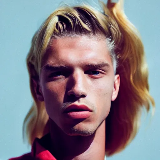 Prompt: realistic photoshooting for a new balenciaga lookbook, color film photography, portrait of a blonde european model, in style of tyler mitchell, 3 5 mm,