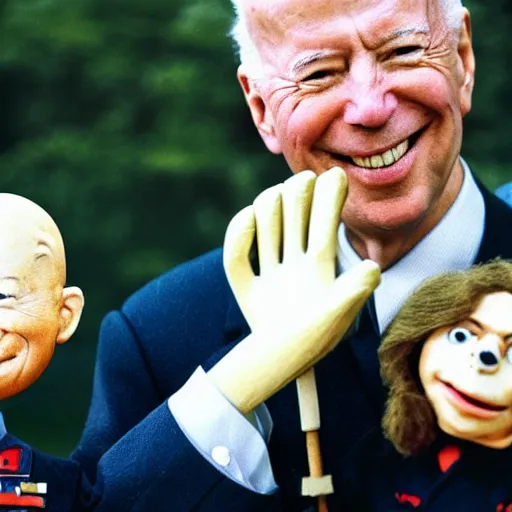 Prompt: UHD candid color photo of Klaus Schwab wearing Nazi uniform holding a ventriloquist dummy Joe Biden, accurate faces, UHD, photorealistic, correct face, photo by Annie Leibowitz