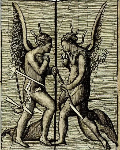 Image similar to devil fights angel, high detail, extremely detailed, very sharp, in the style of theodor de bry,