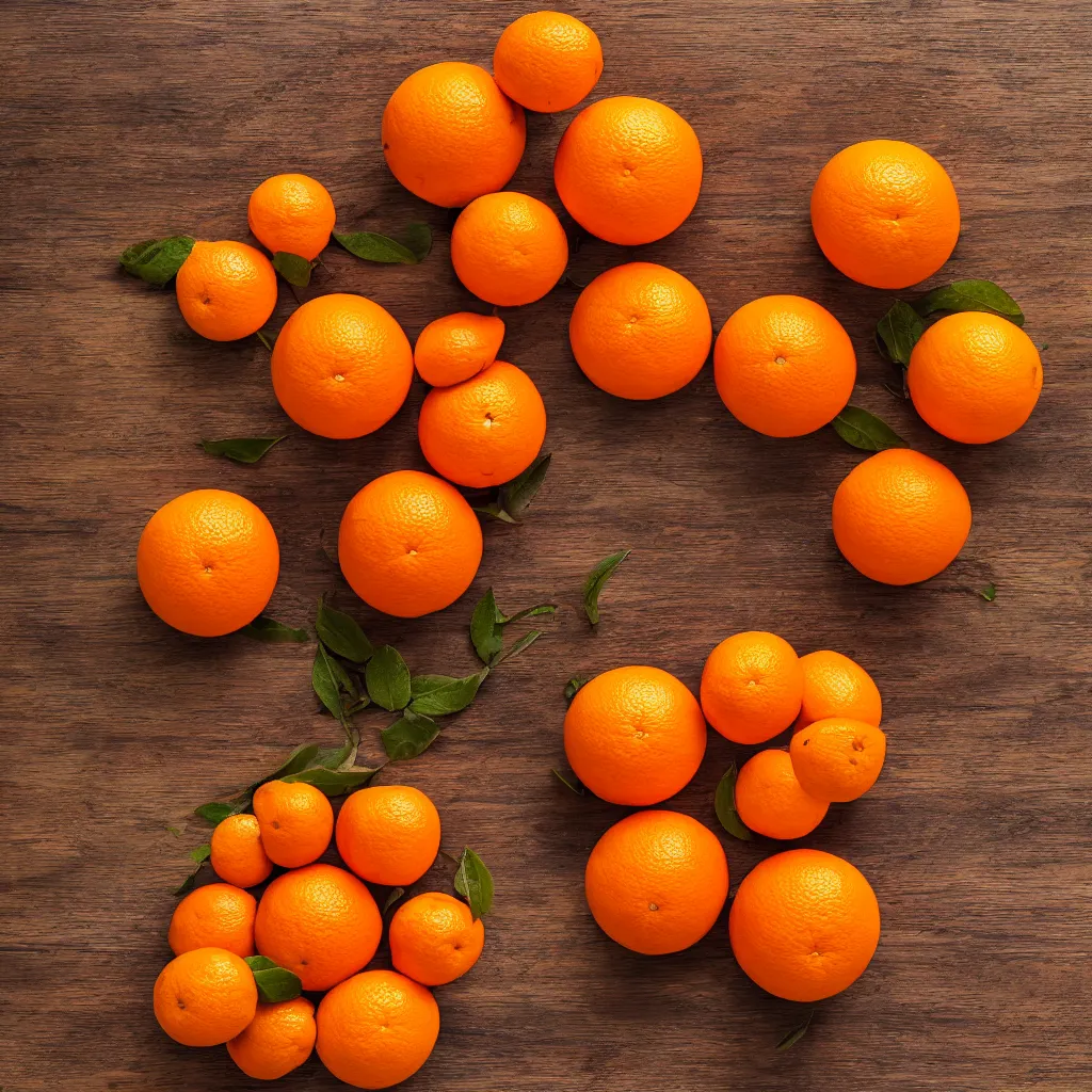 Prompt: top-down view with oranges on top of a wooden table, wallpaper, 4k, photorealistic