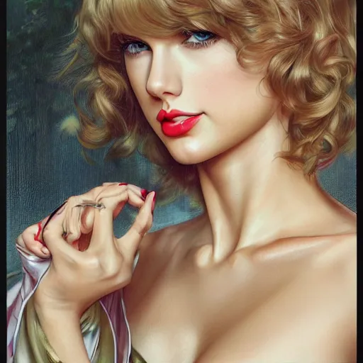 Prompt: taylor swift with silk robe with decollete and bra | | big eyes, realistic shaded, pleasant face, fine details, realistic shaded lighting poster by greg rutkowski, artgerm, kyoto animation and alphonse mucha