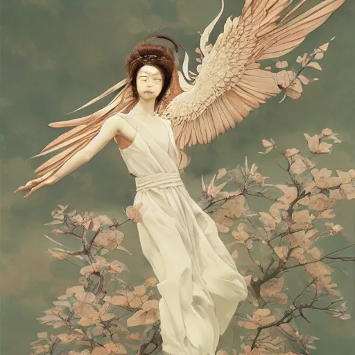 Image similar to highly detailed japanese watercolor painting of an angel in flight, intricate, elegant, digital painting, artstation, in the style of kehinde wiley, krenz cushart, artem demura