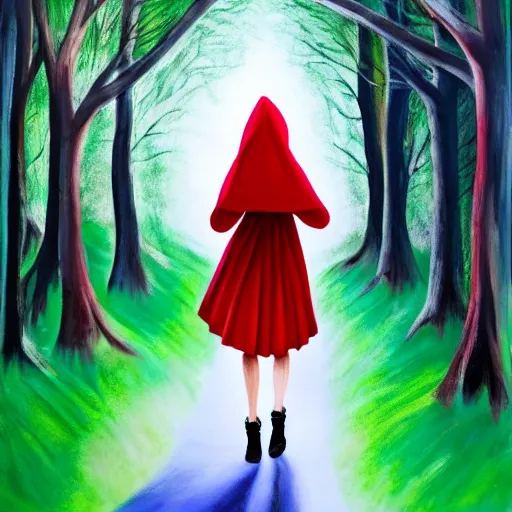 Image similar to little red riding hood walking through a dark forest, surrounded by brugmansia trees with white flowers, painting