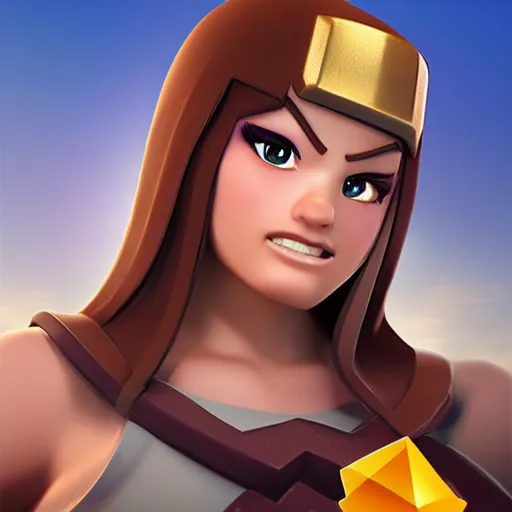 Image similar to clash of clans troop but female, with brown hair and brown eyes, wavy hair, cute, high detail, nice lips,