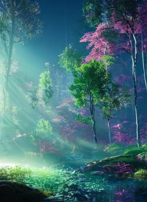 Image similar to beauteous sumptuous, with incredible iridescent pearlescent voluminous fluorescent neon indirect soft glow cinematic lighting, crystalline masterpiece incrustations, hyperdetailed features, movie still, intricate, octane render, cinematic forest lighting, unreal engine, crepuscular rays, god rays