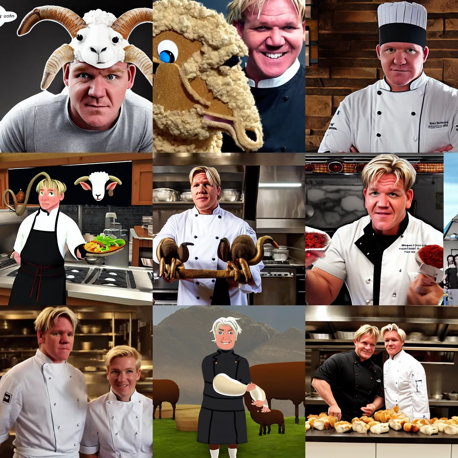Prompt: chef gordon!! ramsay!! as a ram sheep with horns and blonde hair