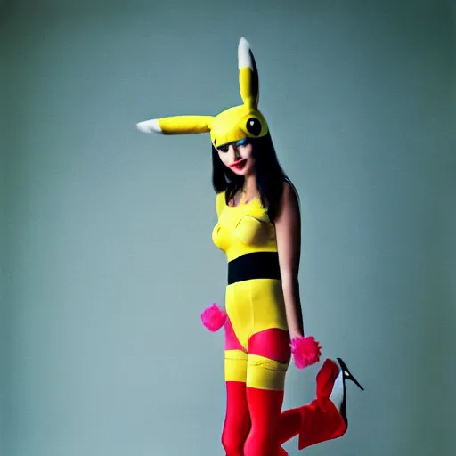 Prompt: elegant woman dressed up as pikachu, wearing stockings, modern photo by Annie Liebovitz,