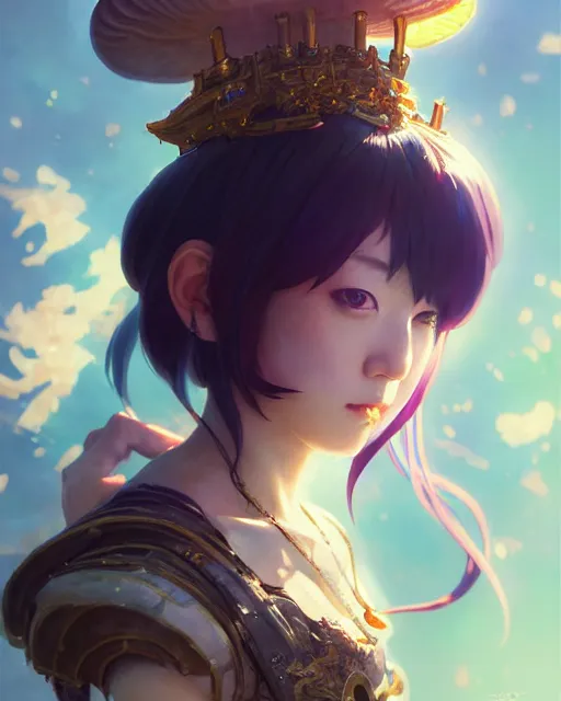 Image similar to mirei kiritani as anime girl, mushroom kingdom, fantasy character portrait, concept art, interesting angle, intricate details, highly detailed by greg rutkowski, gaston bussiere, craig mullins, simon bisley