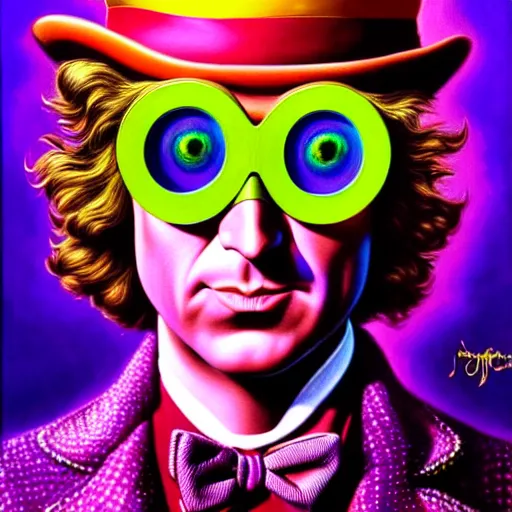 Image similar to an extremely psychedelic portrait of willy wonka, surreal, lsd, face, detailed, intricate, elegant, lithe, highly detailed, digital painting, artstation, concept art, smooth, sharp focus, illustration, art by jason edmiston