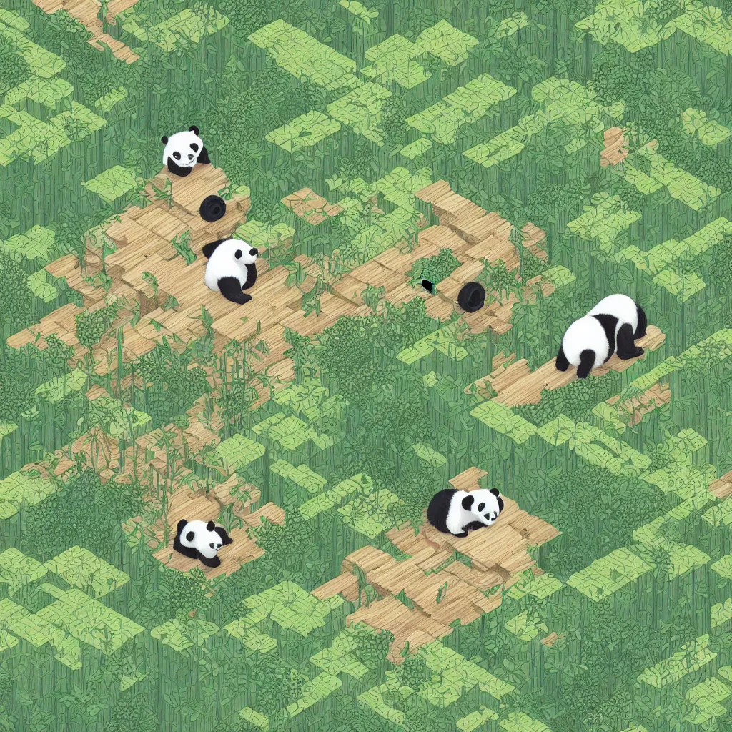 Image similar to isometric view illustration cute panda in bamboo forest, highly detailed mid day by victo ngai and malika favre, isometric, isometric view