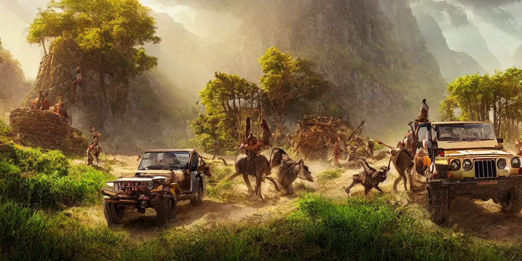 Prompt: Mahindra thar, tribe members attacking, action scene, Lively sunny landscape of a kerala village realistic detailed digital art by Maxwell Boas Jessica Rossier Christian Dimitrov Anton Fadeev trending on Artstation CGSociety rendered in Unreal Engine 4k HQ