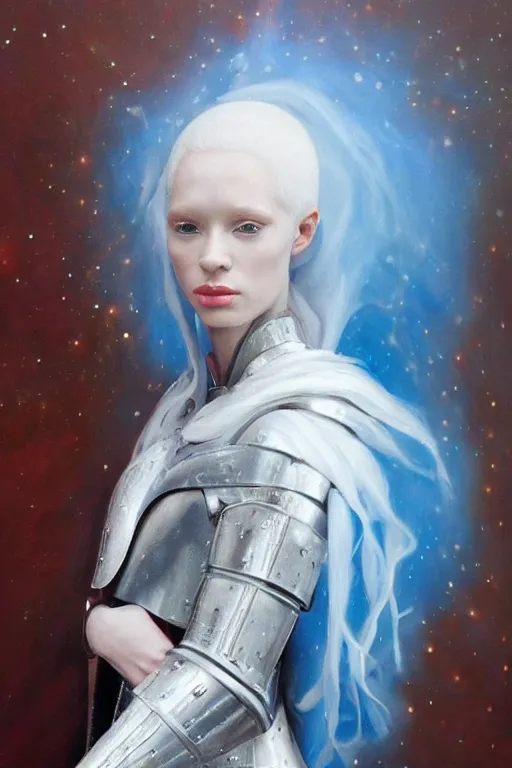 Image similar to hyperrealism oil painting, close - up portrait of albino medieval fashion model, knight, steel gradient mixed with nebula sky, in style of baroque