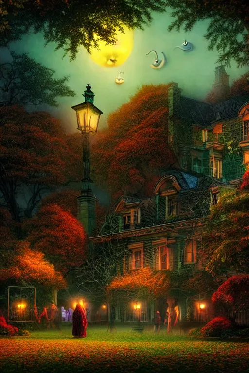 Prompt: a hyperrealistic vray rendering of a quiet autumn towns ghosts out in the gardens at night, cinematic horror by chris cunningham, lisa frank, kinkade, richard corben, highly detailed, vivid color,