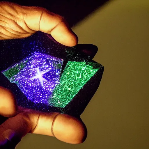 Image similar to a glowing shard of kryptonite held in an open black - gloved hand, night photography