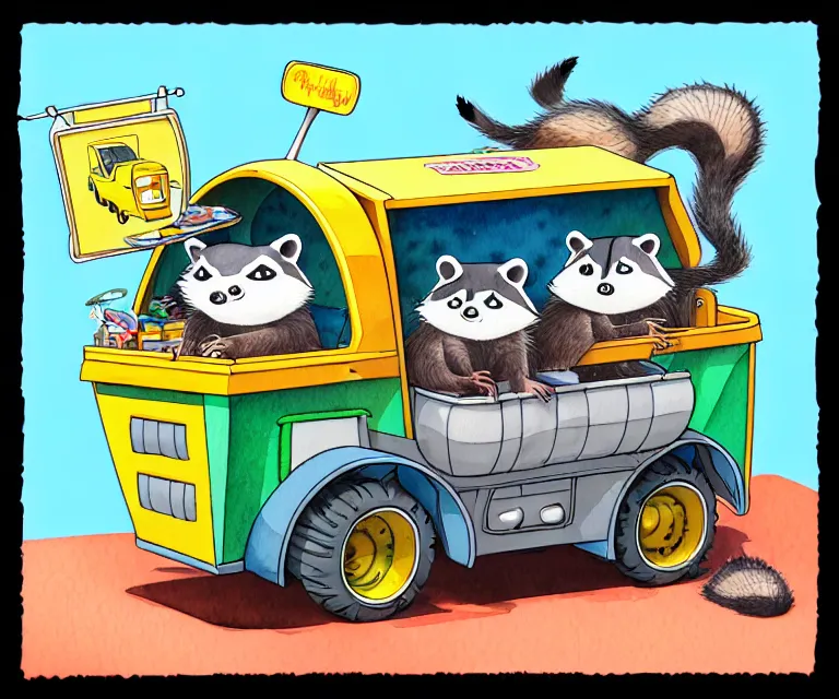 Prompt: cute and funny, ( ( ( racoon ) ) ) riding in a tiny garbage truck, ratfink style by ed roth, centered award winning watercolor pen illustration, isometric illustration by chihiro iwasaki, edited by range murata, tiny details by artgerm and watercolor girl, symmetrically isometrically centered, sharply focused