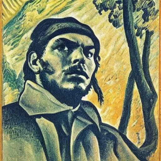 Prompt: a portrait of che guevara in a scenic landscape, by umberto boccioni