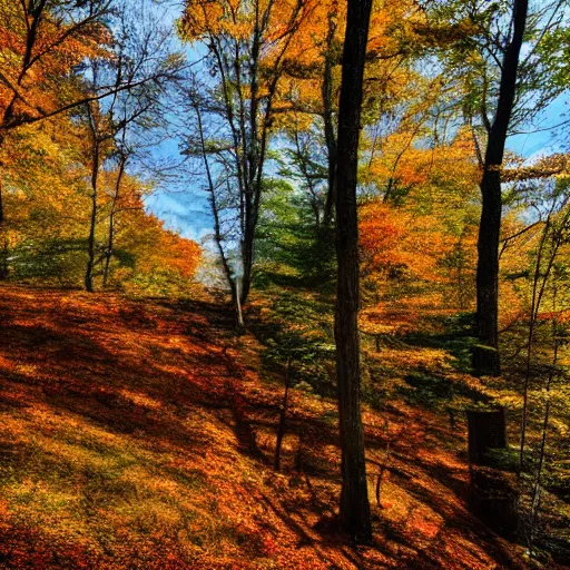 Image similar to super relaxing autumn crisp day in the appalachian mountains, fall, october, crisp cool day, warm sun, memories and nostalgia, hyperrealism photo - realistic photography volumetric lighting enchantingly beautiful forest