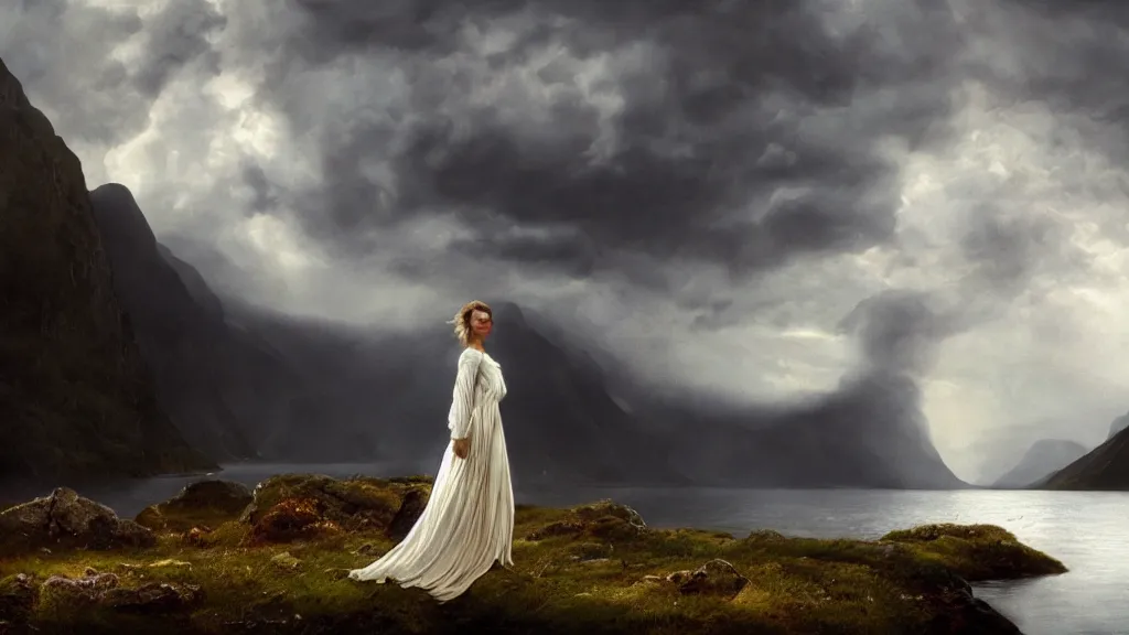 Image similar to queen, norway fjord, natalie portman back turned, hudson river school, max rive, stormy seas, white royal dress, f 1 6, bokeh, gentle, female, snowy, storm clouds, god rays, close up portrait, d & d, fantasy, elegant, low key color palette, concept art, roger deakins and greg rutkowski and alphonse mucha