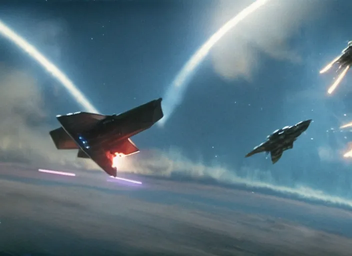 Image similar to a film still of an epic space ufo battle, explosions, colorful, thunderbirds, hbo, 4 k, hd, hyperrealistic, 7 0 mm, christopher nolan