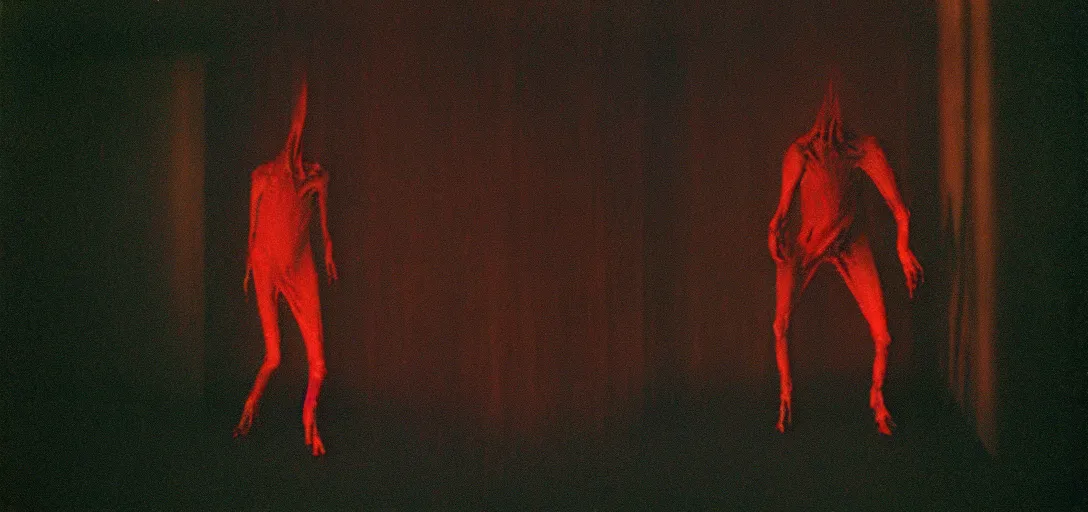 Image similar to iconic film still : : best picture winner at academy awards : : david lynch film : : francis bacon - inspired images : : fire walk with me : : a creepy monster appears in the darkness : : high - resolution render : : originally shot on anamorphic film