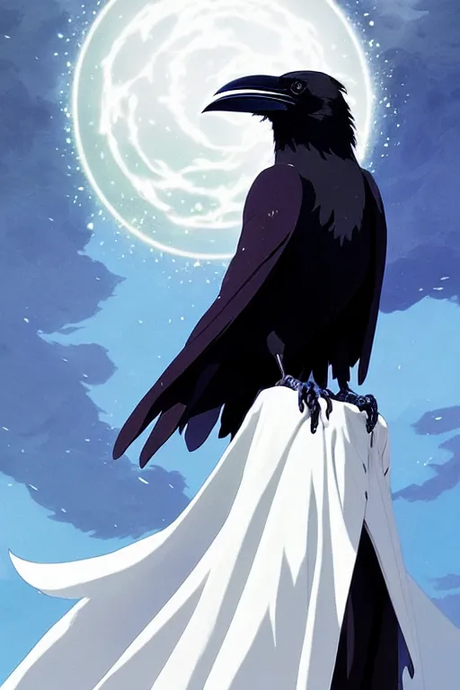 Image similar to raven headed warlock doing magic spells wind, white robes, finely detailed perfect face, exquisite details, mid view, design on a white background, by studio muti, greg rutkowski makoto shinkai takashi takeuchi studio ghibli