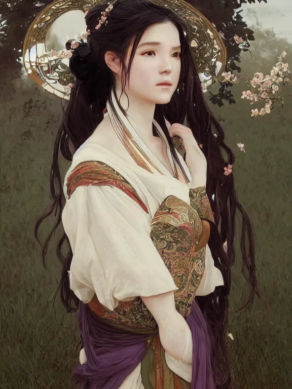 Prompt: portrait of a beautiful seductive european girl wearing hanfu, farm background, fantasy, d & d, dark eyeliner, intricate, elegant, highly detailed, digital painting, artstation, concept art, matte, sharp focus, illustration, art by greg rutkowski and alphonse mucha
