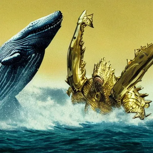 Image similar to whale in gold and silver armor fighting in the depths against godzilla, who has six arms and 5 0 legs