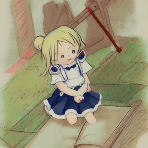 Prompt: little girl with an small curvy blonde hair wearing an sailor suit, artwork in made in abyss art style, inspired in balthus, high details