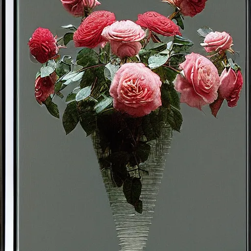 Prompt: arrangement of roses in futuristic modern minimal vase, style of gustave dore, architectural digest