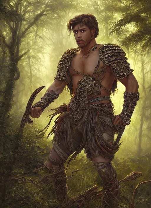 Image similar to intricate detailed portrait painting of a male warrior on a beautiful forest meadow, temple ruins surrounded by lush forest, afternoon, art by ralph horsley and swanland and tyler edlin and artgerm and greg rutkowski, atmospheric lighting, dynamic lighting