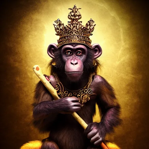 Image similar to monkey king godly lord of monkeys, wearing a crown, holding a staff, sitting in throne, dark lighting, dim lightning, red eyes, gothic dark style, black background, dark room, dusty old ruins 8 k render high detail