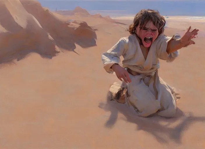 Image similar to a highly detailed beautiful portrait of anakin skywalker screaming and crying at sand, by gregory manchess, james gurney, james jean