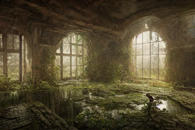 Prompt: flooded overgrown interior of storehouse, matte painting, oil painting, by beksinski and rutkovski, photoreal, highly detailed, hd, 8 k, unreal engine 5