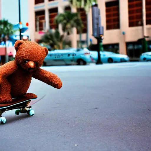 Prompt: Award winning 35mm color photography, of a teddy bear on a skateboard, doing a kick flip off the sidewalk, in downtown Tampa Fl, detailed, balanced composition