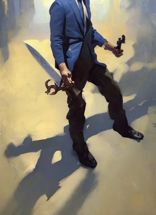 Image similar to greg manchess portrait painting of a blond man in a blue suit with a sword and a pistol, asymmetrical, profile picture, organic painting, sunny day, matte painting, bold shapes, hard edges, street art, trending on artstation, by huang guangjian, gil elvgren, ruan jia, randy vargas, greg rutkowski