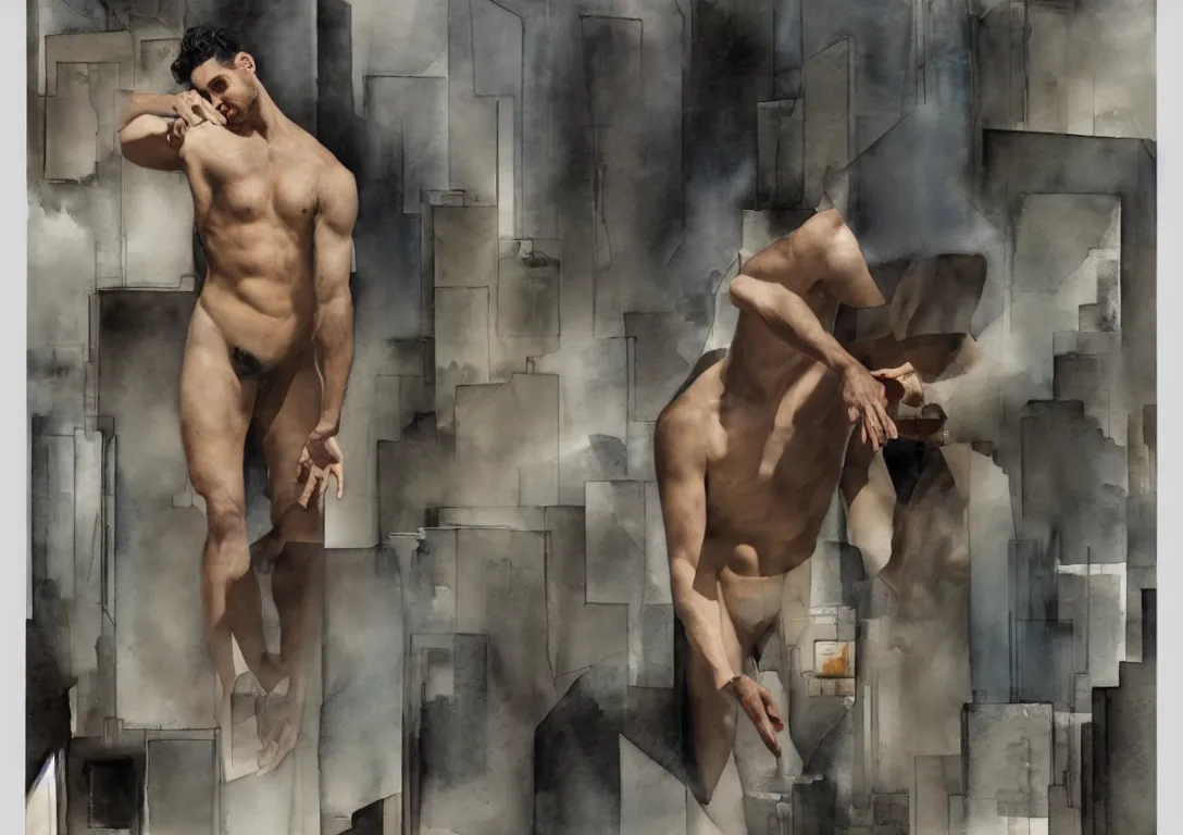 Prompt: portrait of a latino greek god searching through the streets of a watercolor glass and steel metropolis, muted color scheme, by olivier valsecchi, victor brauner and moebius