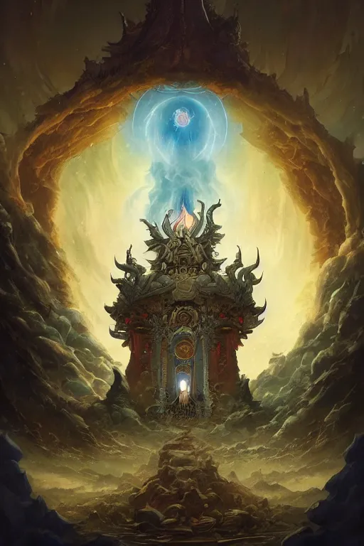 Image similar to Vajrayana Portal to the Damned Yokai Kingdom, the Temple of Fallen Stars, the ancient city of the Sleeping Terror, by Peter Mohrbacher