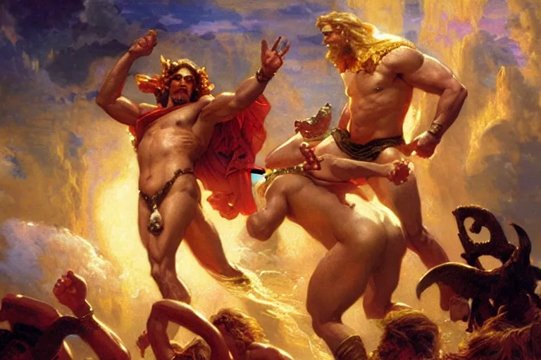 Image similar to zeus banishes ares from olympus, painting by gaston bussiere, craig mullins, j. c. leyendecker, tom of finland