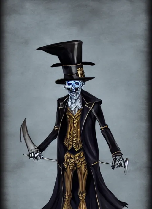 Image similar to DND character art, skeletal male figure, wearing a deep black suit!!! and tie and top hat, holding a gold! cane!, blue flames!!