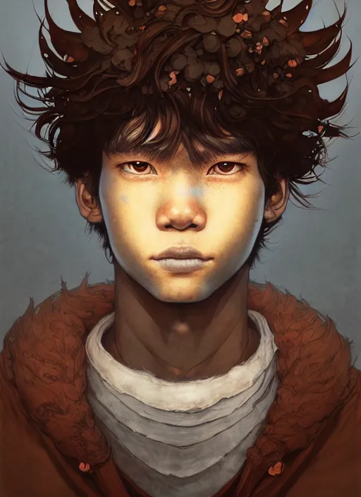 Image similar to prompt : portrait soft light painted by james jean and katsuhiro otomo and erik jones, inspired by akira anime, epic fantasy, a young long haired peasant boy with dark skin, brown skin, a dark complexation in plain fantasy clothing with intelligent eyes, intricate oil painting, high detail illustration, sharp high detail