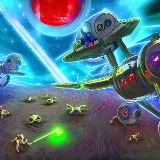 Image similar to laser war between funny creatures on a planet, digital art, award winning 4K