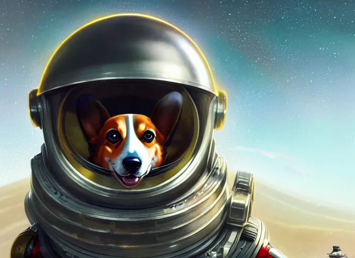 Image similar to highly detailed illustration of a corgi wearing a space helmet on an alien planet, artstation, cinematic lighting, hyperdetailed, cgsociety, 8k, high resolution, Charlie Bowater, Tom Bagshaw, Norman Rockwell, insanely detailed and intricate