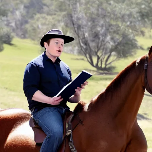 Image similar to elon musk riding a horse while reading a book, hd photograph