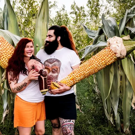 Prompt: photo of an attractive couple. The woman has long straight red hair. The man has a dark thick beard and tattoos. They are holding a giant corn. The corn has the face of a baby human.