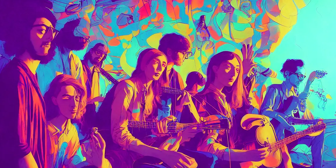 Image similar to duotone trippy 1 9 6 0 s lsd concept illustration of psychedelic hippy musicians. volumetric lighting. golden ratio accidental renaissance. by sachin teng and sergey kolesov and ruan jia and heng z. graffiti art, scifi, fantasy, hyper detailed. octane render. concept art. trending on artstation.